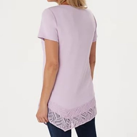 H by Halston V-Neck Tunic w/ Asymmetrical Lace Hem - Picture 2 of 2